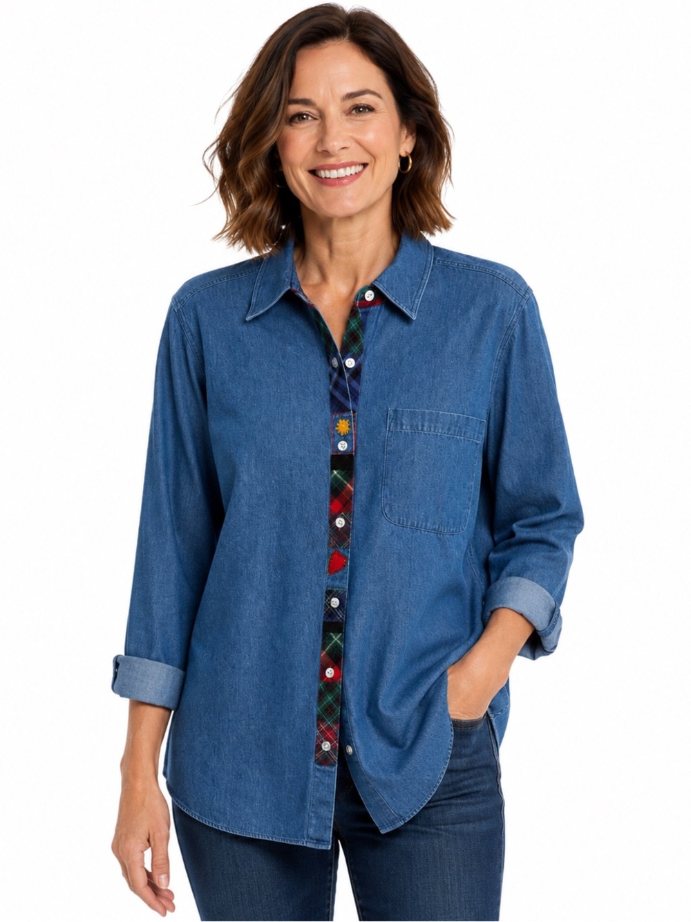 Vintage Susan Bristol Denim Button Front Shirt Plaid Flannel Trim Size 1W